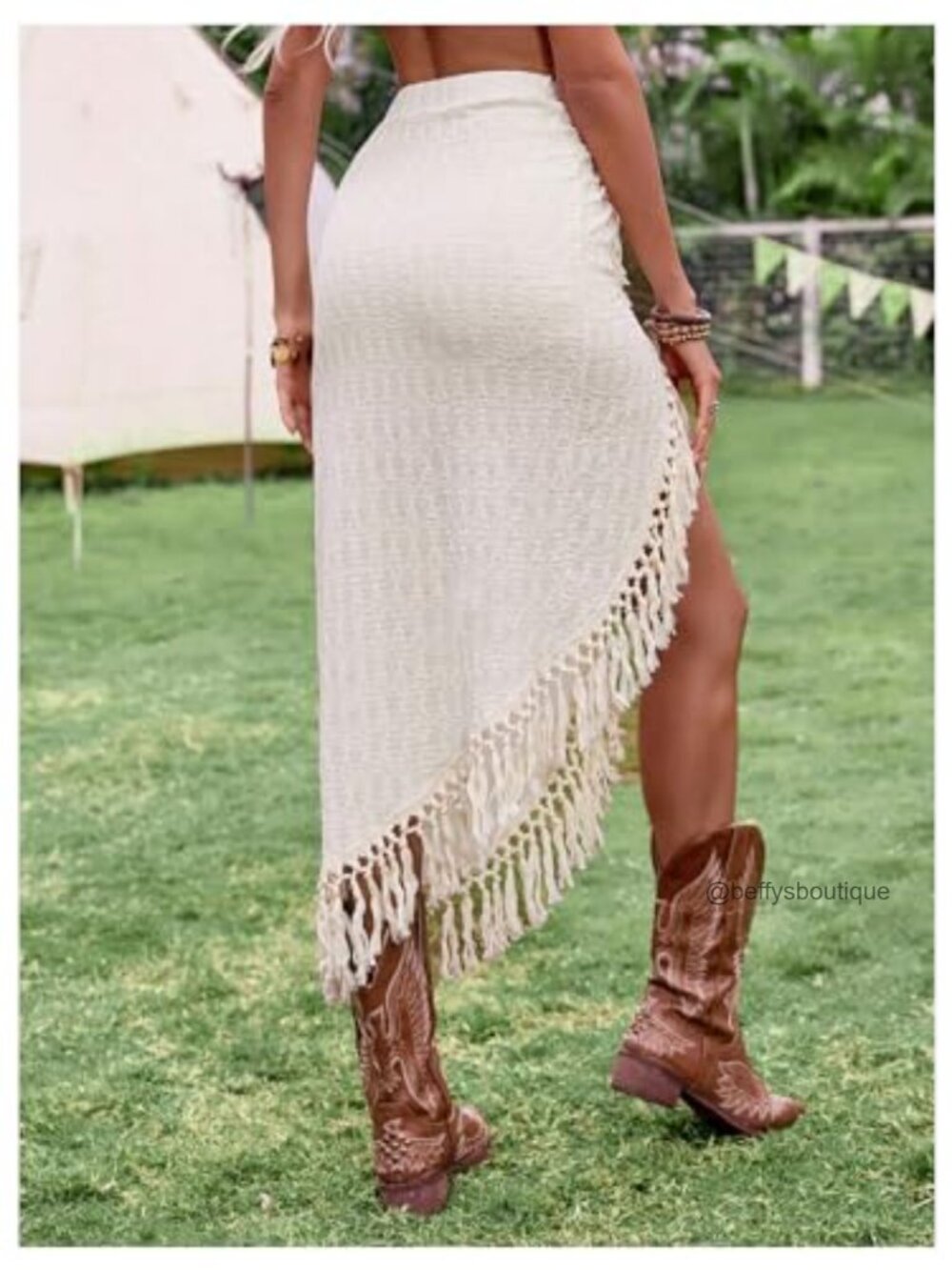 Women's Twist Front High Slit Fringe Skirt Asymmetrical Tassel Midi - Picture 2 of 6